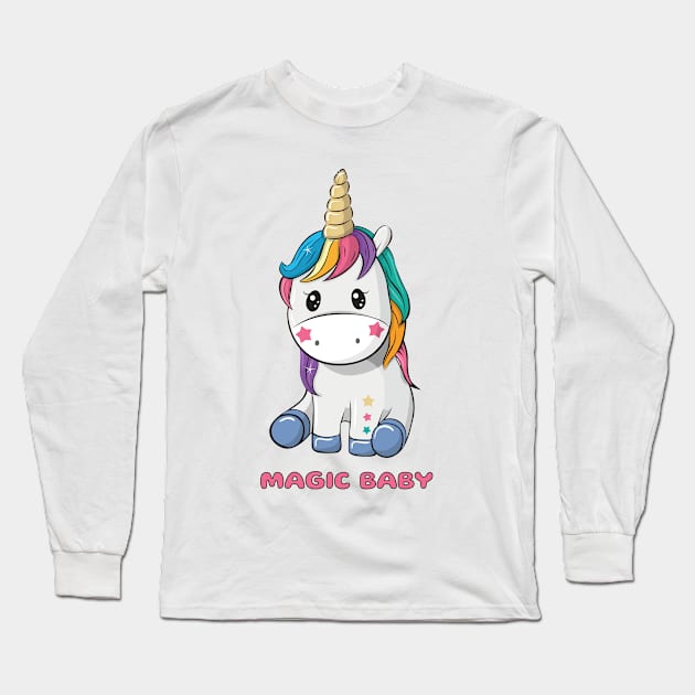 Cute little unicorn girl with coloured hair and words magic baby Long Sleeve T-Shirt by playmanko